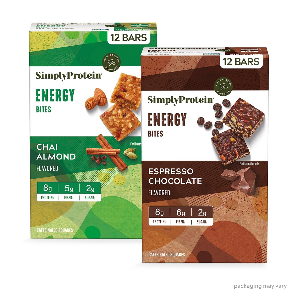 Protein - Energy Bites Variety Pack, 24 Bars - Plant Based Caffeinated Squares - 55mg Caffeine - Energy Boost - 8g Protein, 2g Sugar, 5- 6g Fiber, 120- 130 Kalories - Vegan, Gluten Free, Non GMO