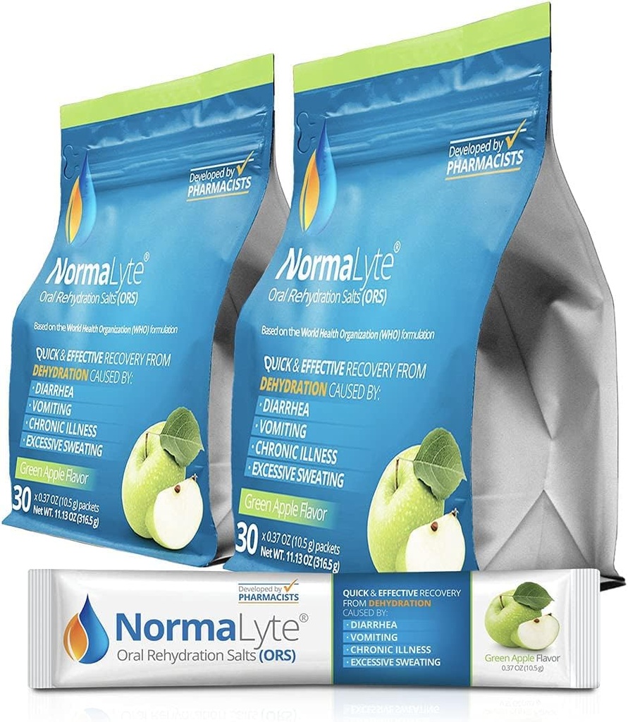 NormaLyte Oral Rehydration Salts -2 Pouches - 60 Sticks (Yields 500mL per Pack) -Apple Application 124; Energy Supplemen Poterial, Recovery Dehidtion and Quick Absorpsi