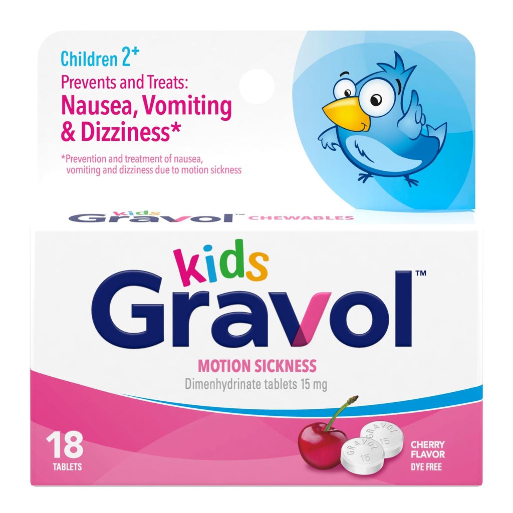 Gravol Kids Chewable Tablets for Nausea, Upset Stomach and Motion Sickness Relief, Dye Free, Cherry Flavor, Umur 2 sampai 12, 18ct