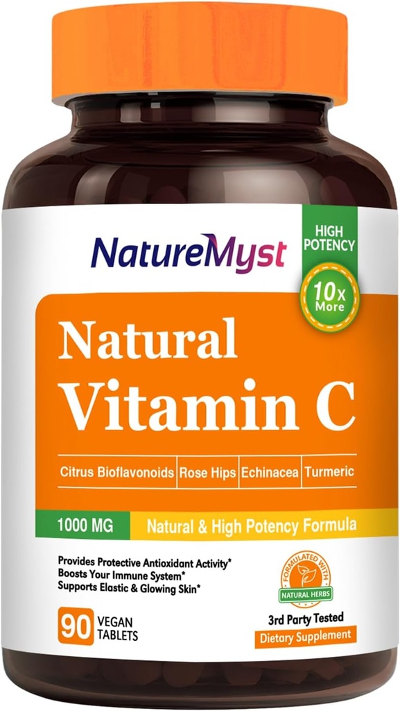 Vitamin C Tablet, 1000 mg, Bentuk Alam, Potensi Tinggi, Citrus Bioflavonoid, Rose Hip, Echinacea & Turmeric, Imune & Skin Health, 90 Tegan Vegan