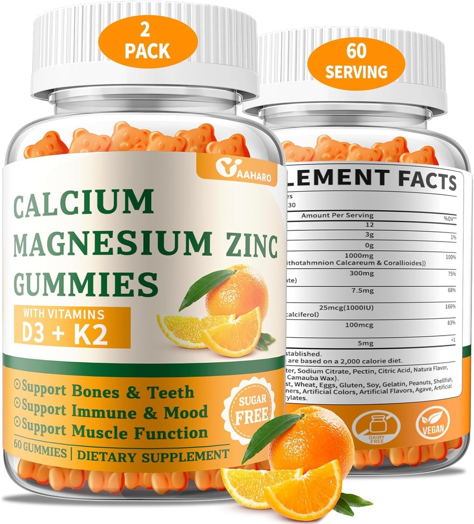 (2 Kemas) Calcium Magnesium Mimic Zinc dengan Vitamin D3 & K2 - Sugar Free Calcium Gummies untuk Perempuan dan Pria - Bone & Imune Dukung - Non-GMO, Gluten-Free, Orange Flavored - 120 Count