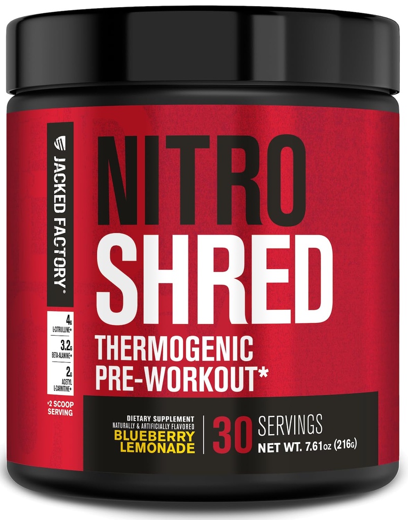 Jacked Factory NITROSURGE Shred Pre Workout Suplemen - Energy Booster, Instant Strength Gains, Sharp Focus, Powerful Pumps - Nitric Oxide Booster & PreWorkout Quoder - 30Sv, Blueberry Lemonade