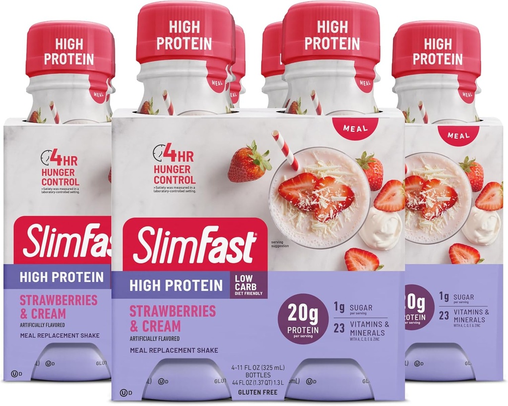 SlimFast Advanced Nutrection Protein Shake - Ready To Drink, Pink, Strawberry & Cream, 4 Botol (Paket 3)