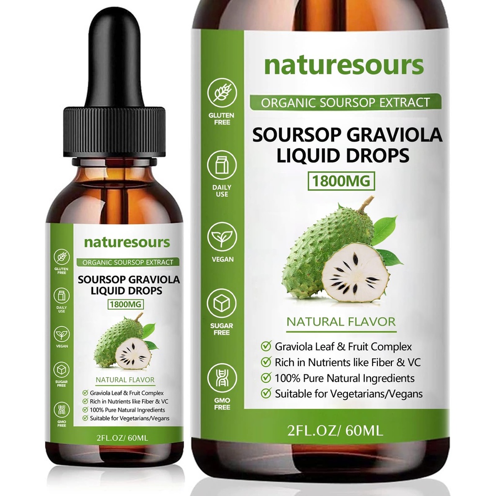 Naturesours 100% Murni Soursop Organik Ekstrak, Soursop Graviola Cair Drops 1800MG, Organic Pure Soursop Leave and Fruit, Sugar / Gluten Free, 2 FL.OZ (1)