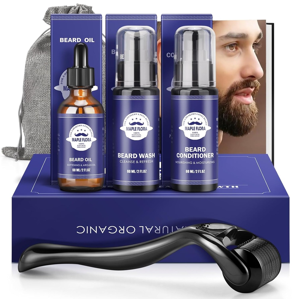 Beard Gift Kit - Oil, Wash, conditioner, Roller (Needle Panjang: 0.25mm) untuk Beard, Penyimpanan Tas, Kumis Hadiah Set untuk Suami Pacar Ayah Pria-Nya