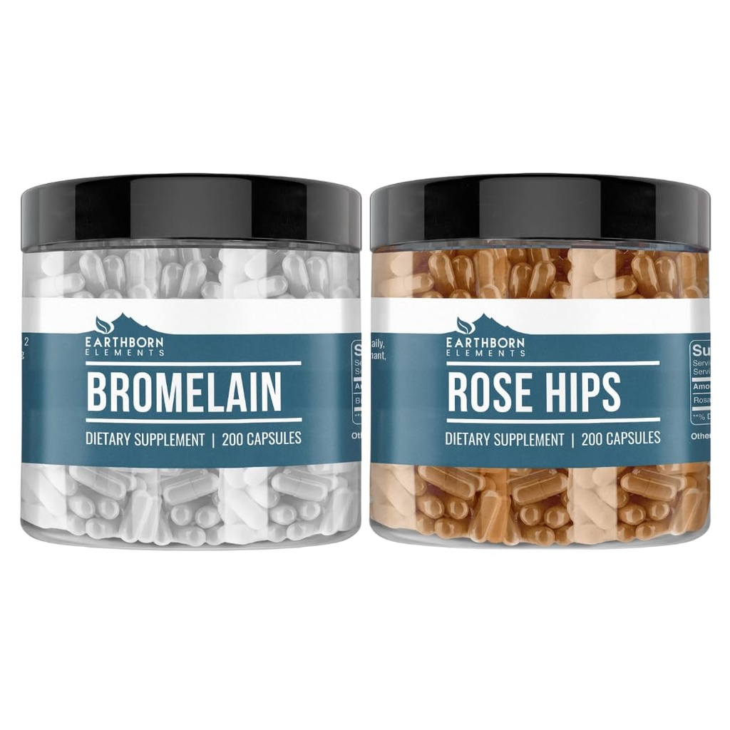 Elements Earthborn Rose HIPS & Bromelain Capsule Bundle (200 Capsules Setiap), Murni & Undiluted, Tidak Ada Addonves