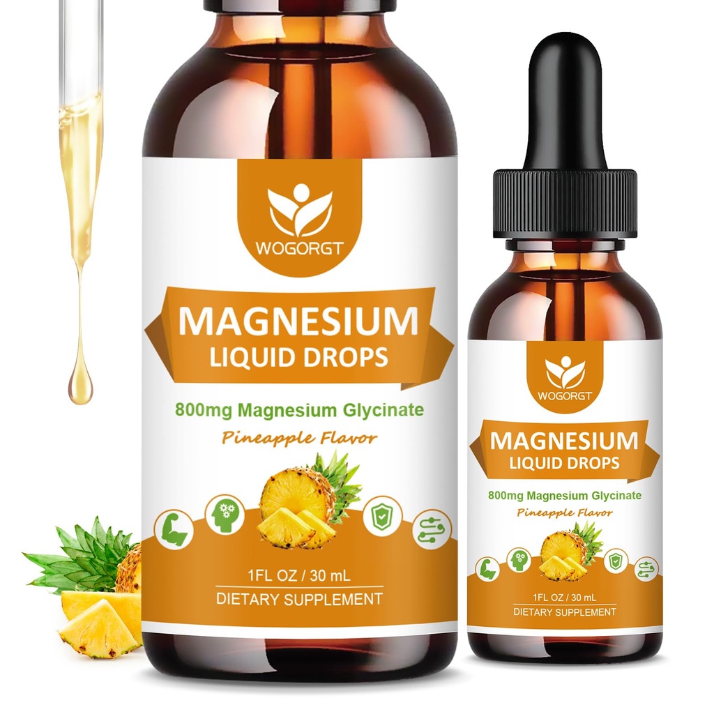 Magnesium Glycinate Liquid Drops with Citrate & Tadrate - Cognition, Muscle & Focus, Liquid Magnesium Complex with Vitamin D3, GABA, L- theanine, Pineapple Flavor - 1 Fl Oz (2 Pack)