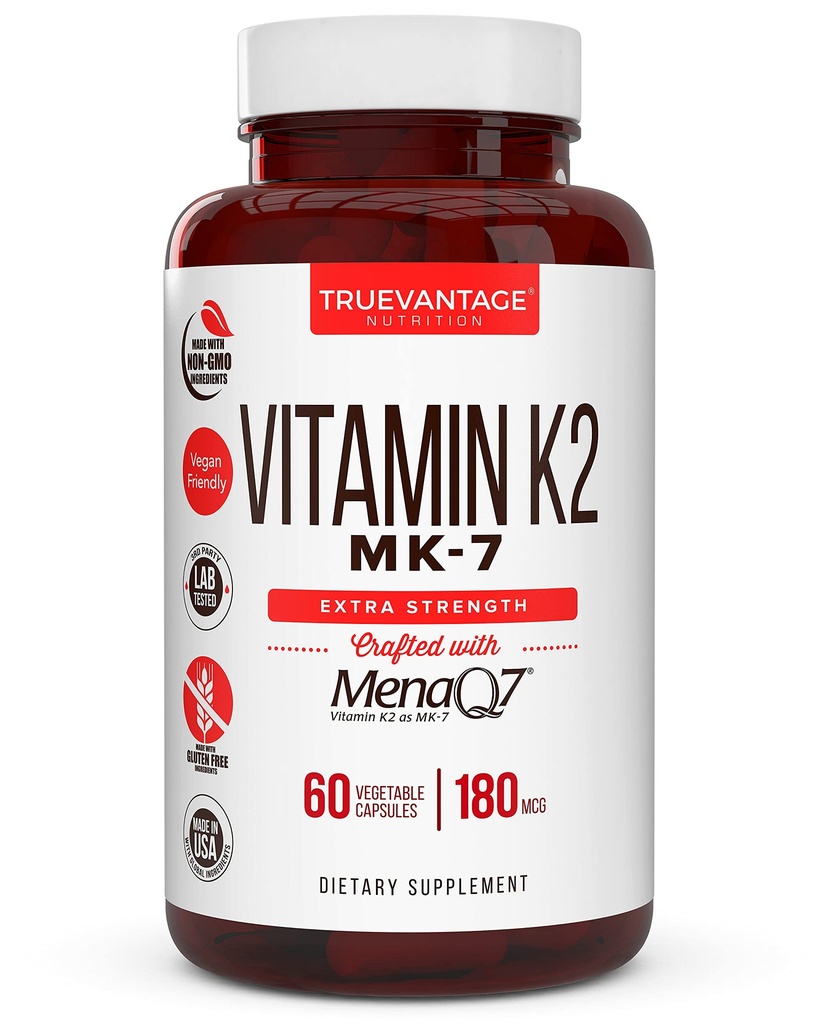 Vitamin k2 MK-7 Tambahan 180mcg -Vitamin K2 Support Bone & Heart Health for Cardiovascular Calcium Absorpsi dari Arteries- 60 Mudah untuk Swallow Vegetable caps dari MenaQ7 MK7