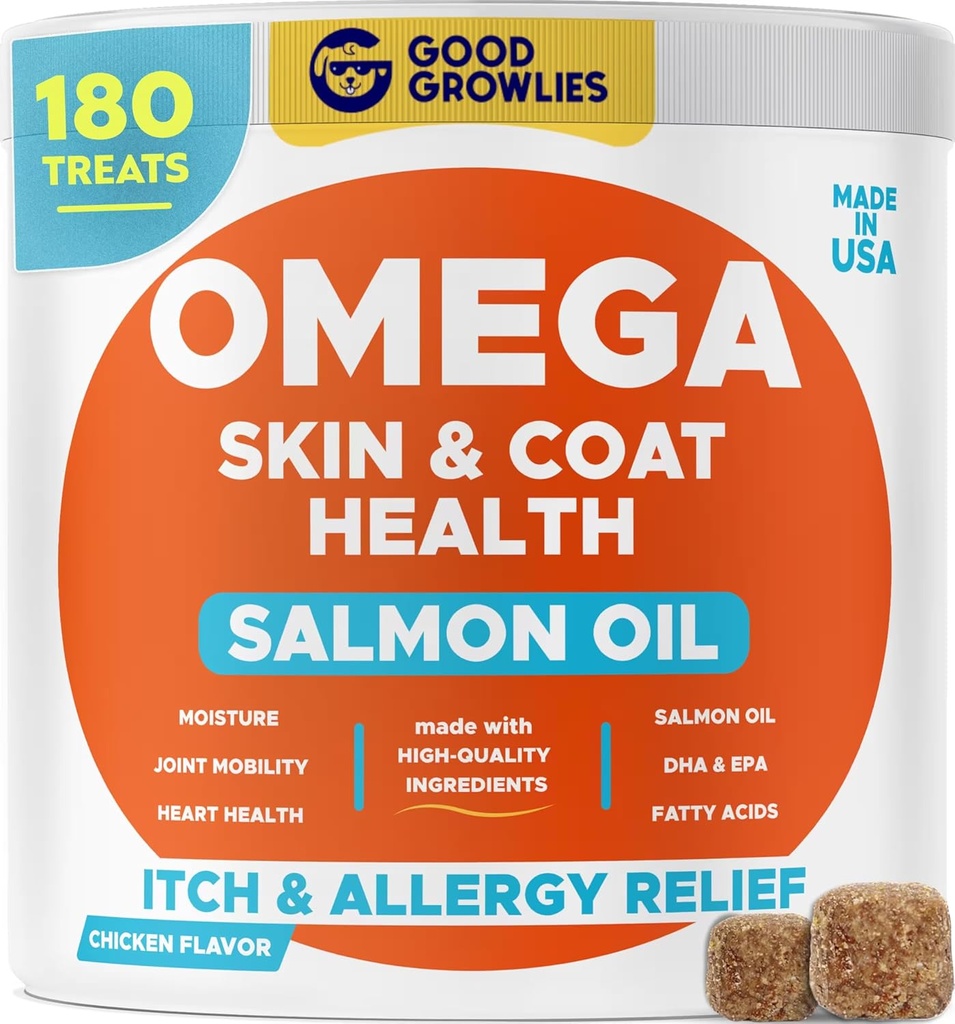 Omega 3 Alaska Fish Oil Treats for Dogs (180 Ct) - Dry & Itchy Skin + Allergy - Shiny Coats - EPA & DHA Fatty Acids - Salmon Natural Oil Chews - Ayam Turki
