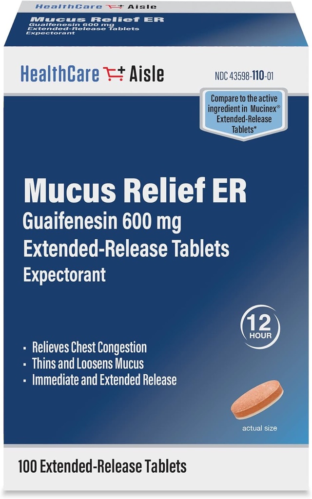 HealthCareAisle Guaifenesin 600 mg Extended Release - 100 Tablet - Mucus Relief Expectorant untuk Bantuan Konsultasi Chest