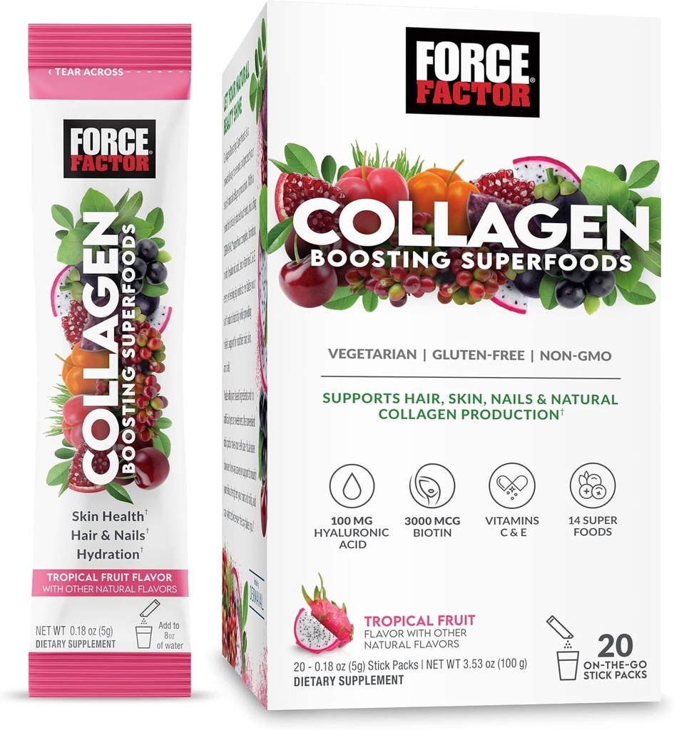 Force Factor Collagen Boosting Superfood dengan Biotin, Acid Hyaluronik, Bambu, dan Rambut, Skin, dan Nails Vitamin, Nail Strengthener dan Skin Suplemen, Tropical Fruit Flavor, 20 Stick Packs