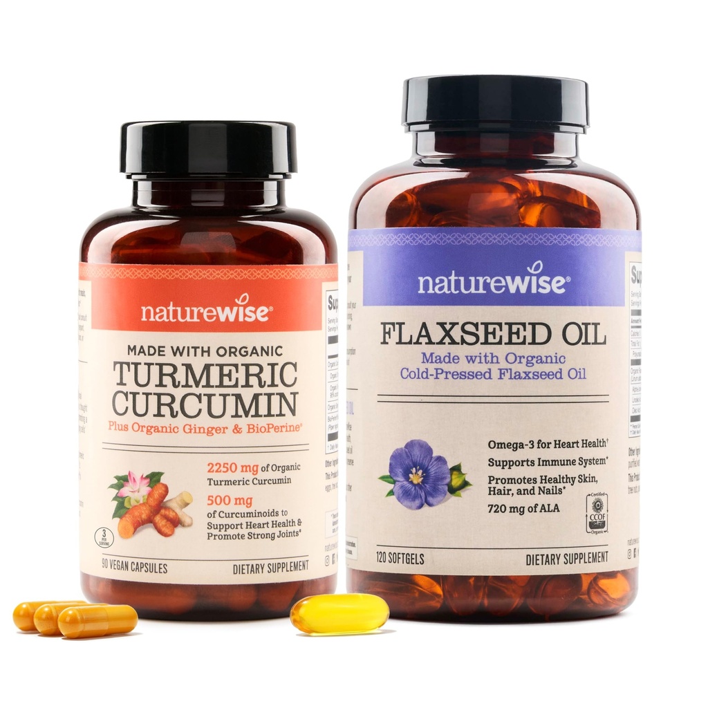 Naturewise Curcumin Turmeric 2250mg & Flaxseed Oil 1200mg Omega 3 6 9 Softgels untuk Gabungan, Heart & Imune Dukungan [1 & 2 Bulan Suppply]