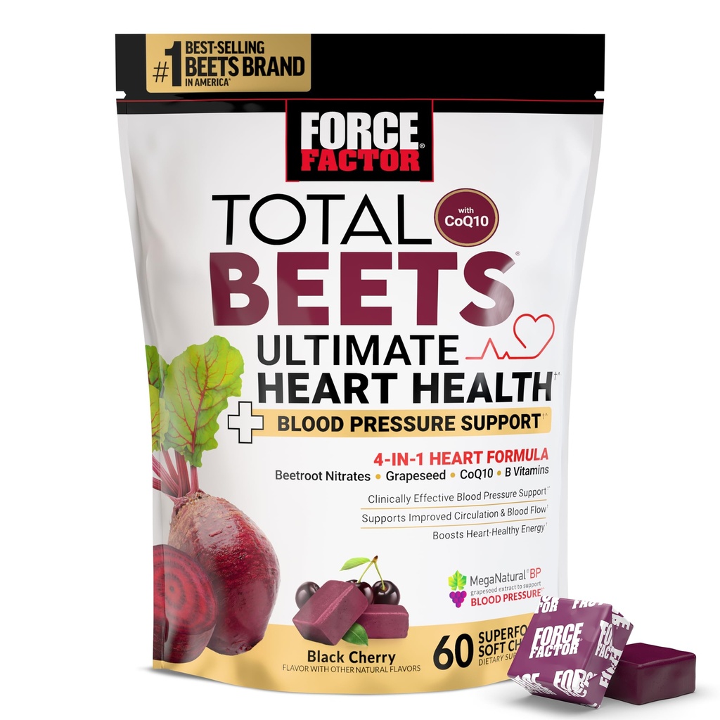 FORCE FacTOR Total Beets Ultimate Heart Health Chews for Blood Pressure Due, with Beetroot Powder, CoQ10, B Vitamin Extract for Blood Flow & Energy, Black Cherry, 60 Soft Chews