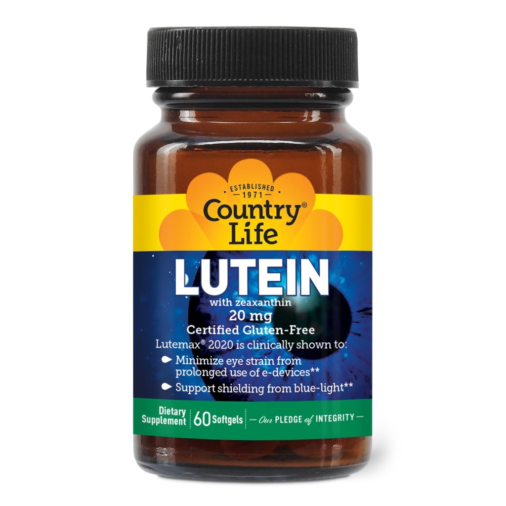Country Life Lutein Suplemen 20 mg - Disertifikasi Gluten- Free - Dukungan Kesehatan Mata dengan Lutein dan Dalxanthin - Reduces Eye Strain dari Layar - Tidak Yeast, Jagung, Wheat, Susu - 60 Softgeels