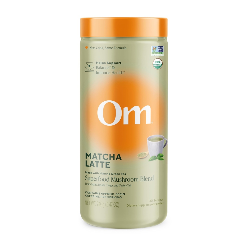 Om Mushroom Superfood Matcha Latte Blend - Green Tea Mushroom Powder with Lion 's Mane, Reishi, Chaga & Turkey Tail - Fokus, Tenang & Stress Dukungan - 8.47 oz Canister (30 Pelayan)