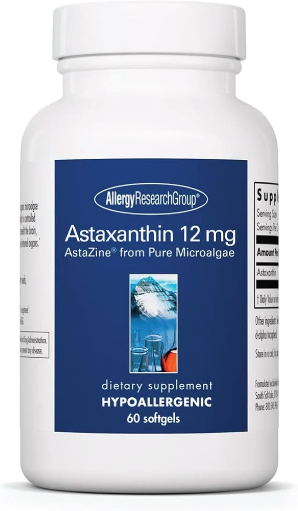 Alergi Research Group Astaxanthin 12mg Suplement - dari Organik Microalgae, Eye Health, AstaZine Astaxanthin, Antioksidant Alam, Skin Health, Fungsi Otak, Softgels - 60 Count