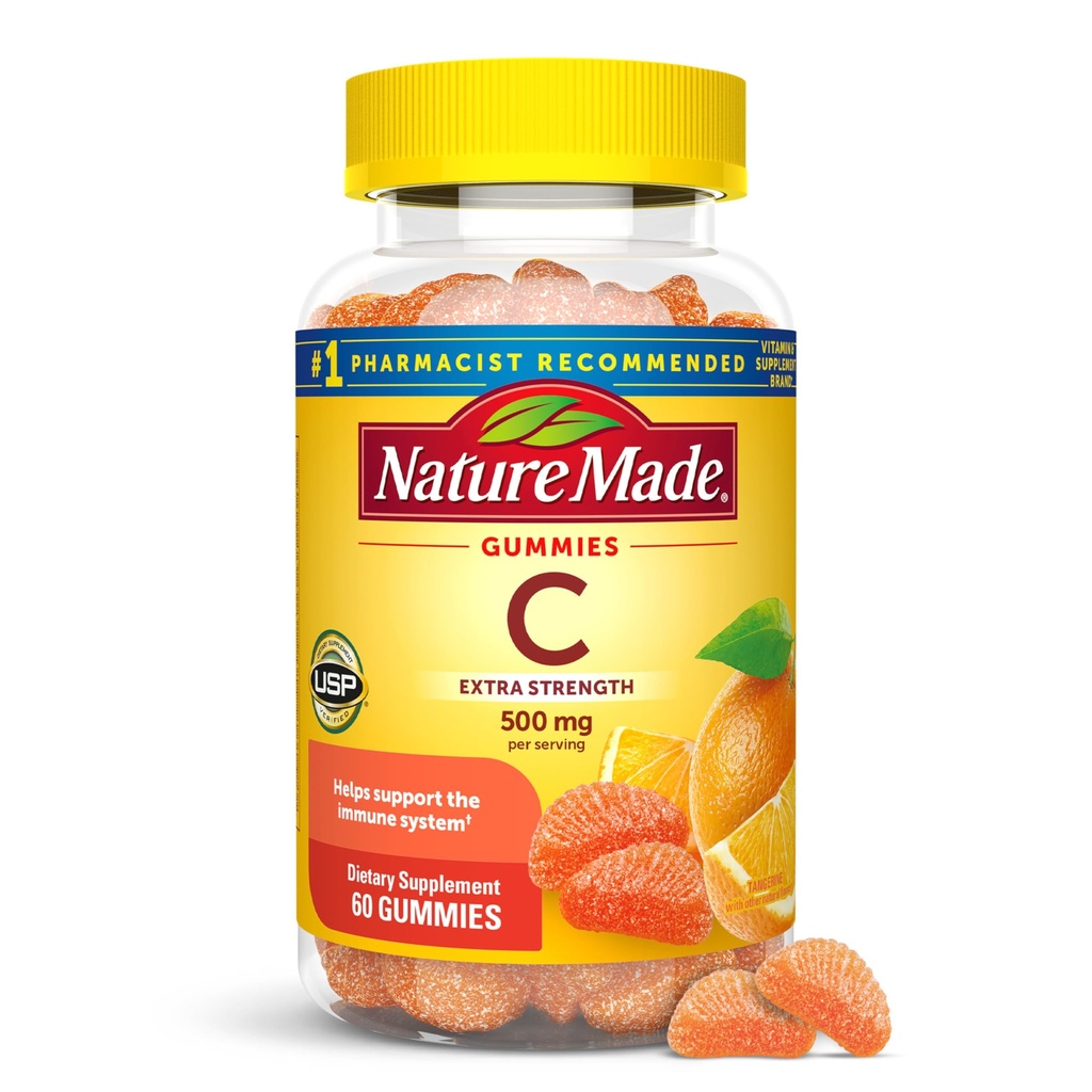 Nature Made Strength Dosage Vitamin C 500 mg per servis, Dietary Suplemen, Vitamin C Gummies untuk Dukungan Imune, 60 Gummi, 30 Hari Supppply