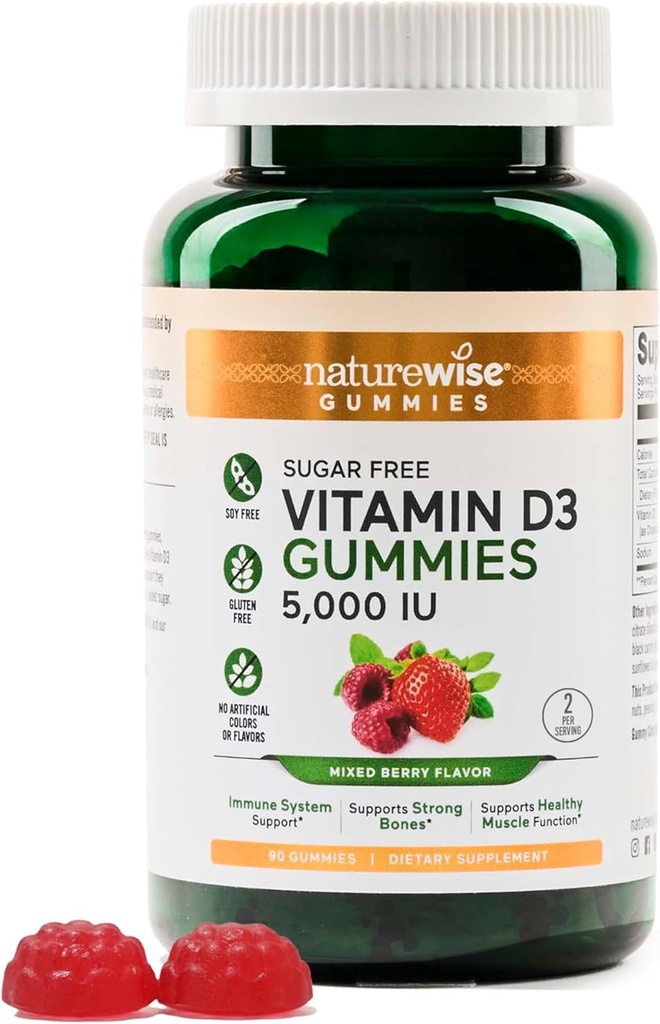 Naturrewise Vitamin D3 5000 IU Gummies - Sugar- Free Mixed Berry Flavor - Vitamin D Gummies for Dewas, Pasokan Kebal, Muscle & Bone Power - Free, Non-GMO - 90 Gummies