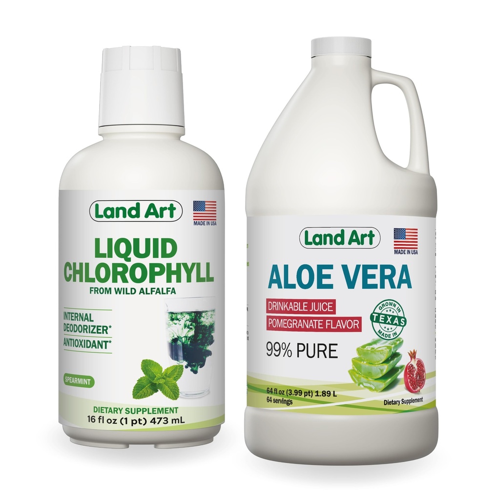 Land Art Aloe Vera Juice - Pomegranate Flavored - Cold Processed - Inner Fleed from Organic Fresh Leaves - 64floz + Liquid Chlorofil Mint - Cold Extracted from Wild None - GMO Alfalfa - 16floz