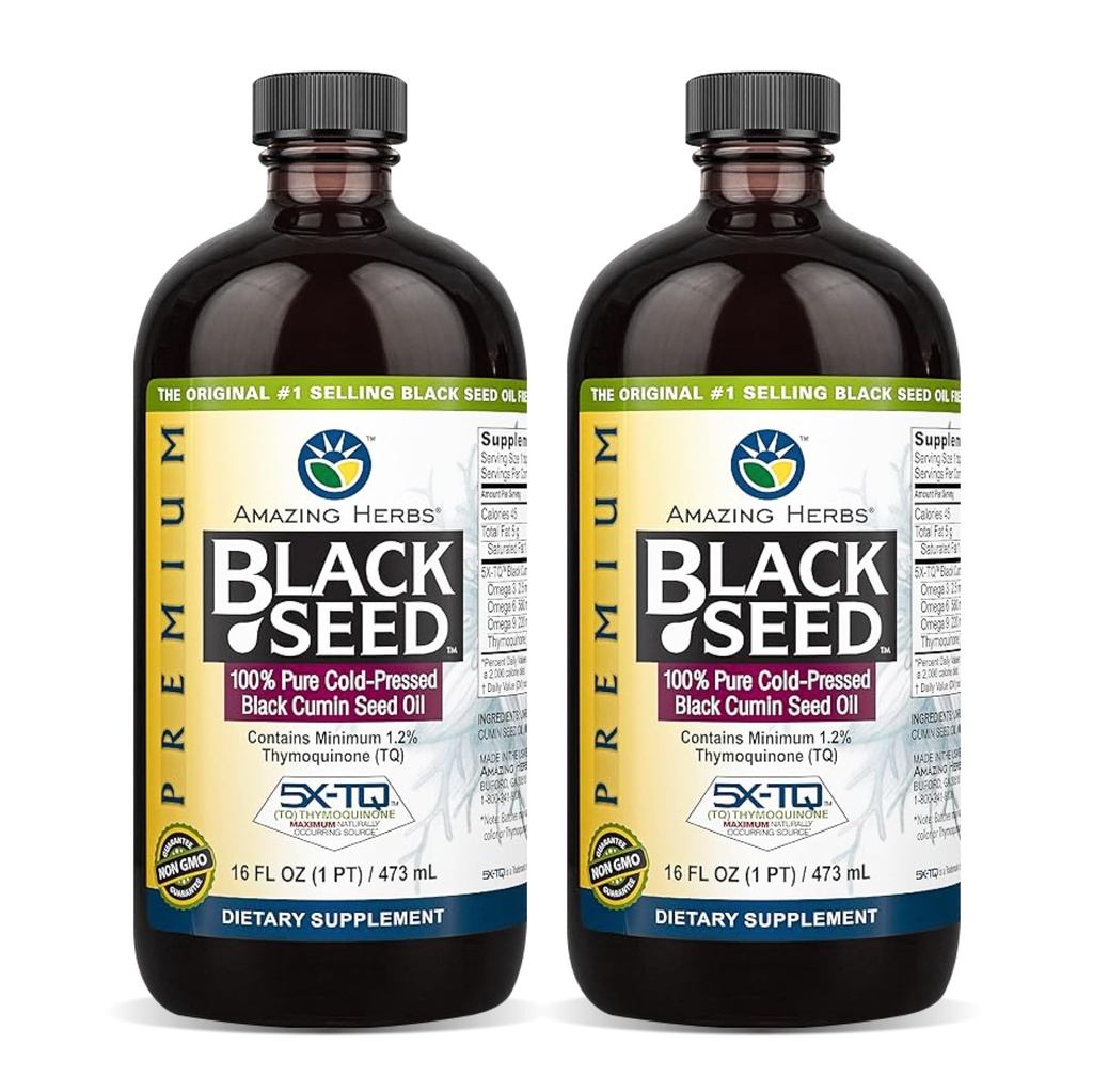 Amazing Herbs Premium Black Seed Oil - Gluten Free, Non GMO, Cold Menekan Nigella Sativa Aids in Digetical Health, Imune Dukungan, Fungsi Otak - 16 Fl Oz (Paket 2)