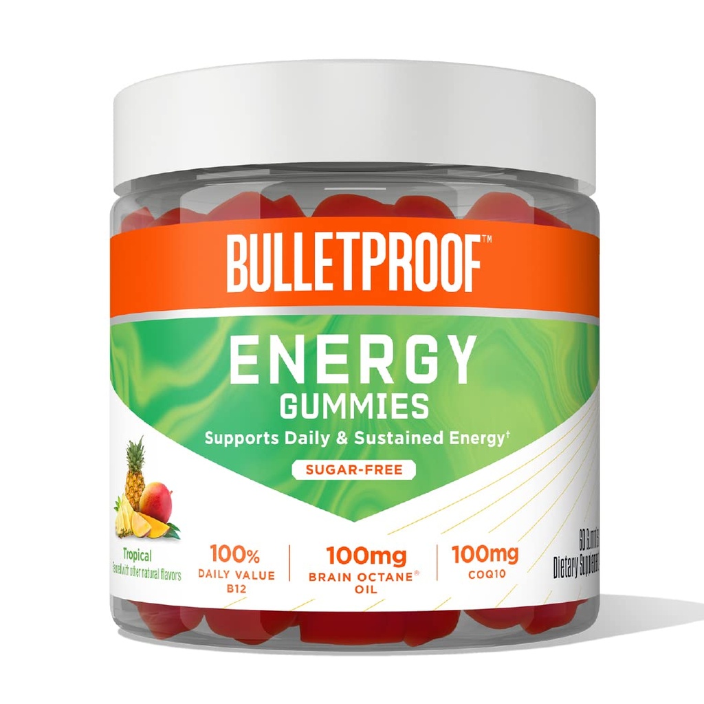 Bulletproof Sugar- Free Tropical Energy Gummies, 60 Count, Suplemen untuk Daily & Sustamed Energy dengan 100mg CoQ10, Nilai Harian B12, 100mg Brain Octane Oil