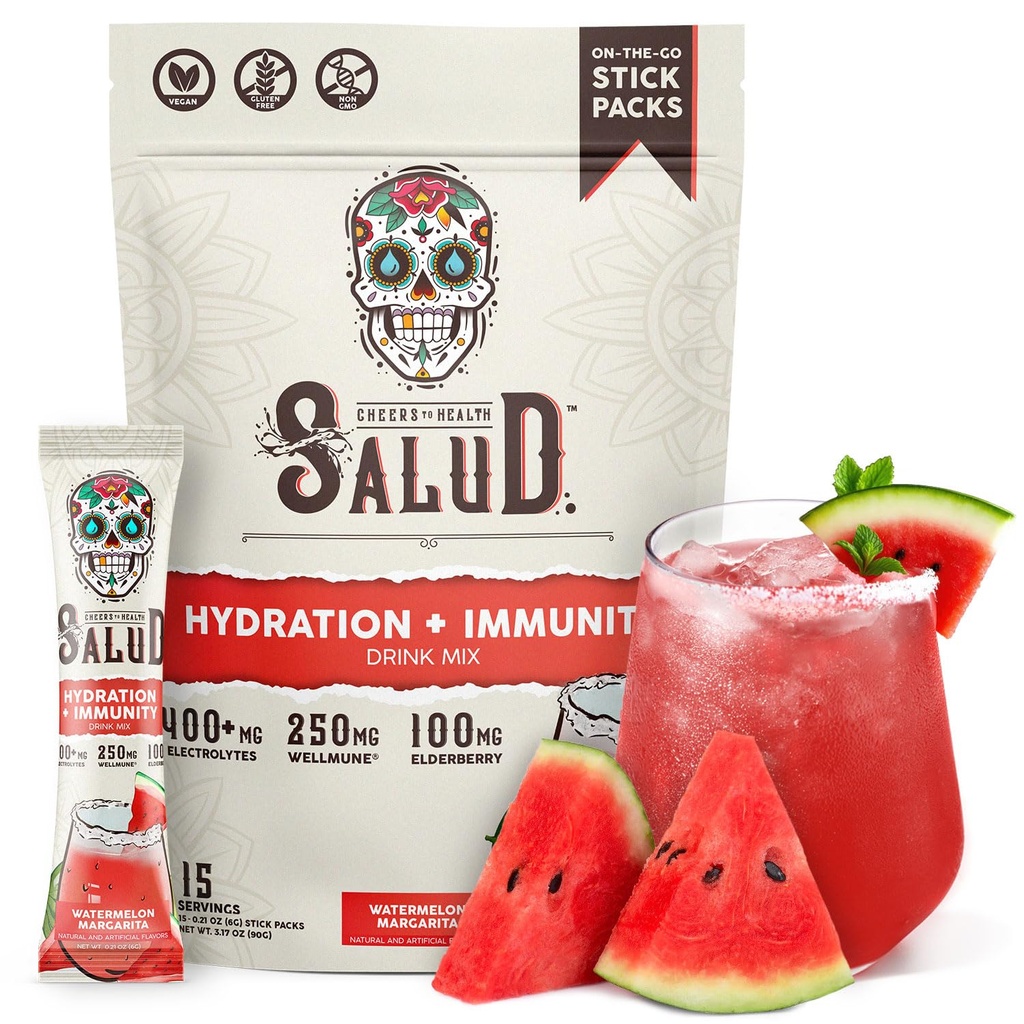 Salud 2-in- 1 Hidration dan Imunity Electrolytes Powder, Watermelon Margarita - 15 Servings, Agua Fresca Drink, Elderberry, Dairy Soy Free, Non-GMO, Gluten Free, Vegan, Low Calorie, 1G Sugar