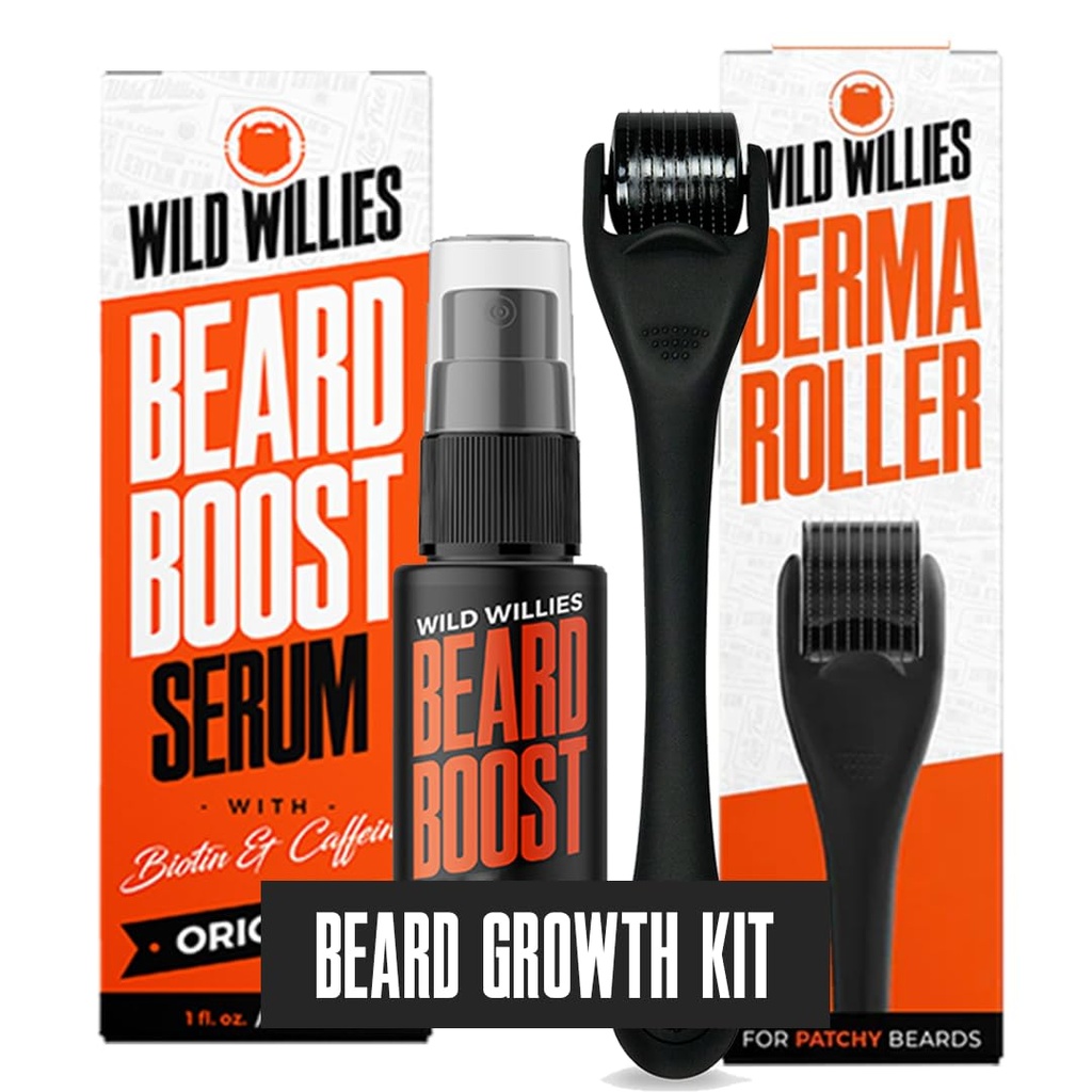 Wild Willies Growth Kit - Premium Derma Roller & Beard Boost Serum - Microneedle Roller & Beard Growth Serum dengan Biotin & Caffeine untuk Fuller Beard, Scalp Care - Easy to Use Kit with Case