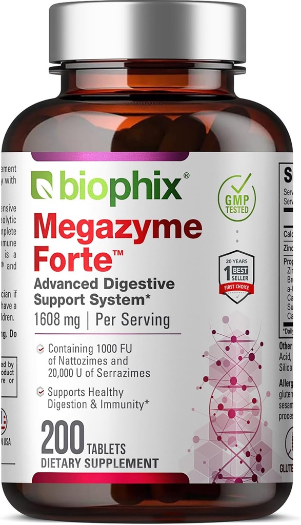 biophix Megazyme Forte 200 tablet - Alami Plant Proteolytic Enzymes Nattozimes Serrazimes Support Digetical System Ammune Health