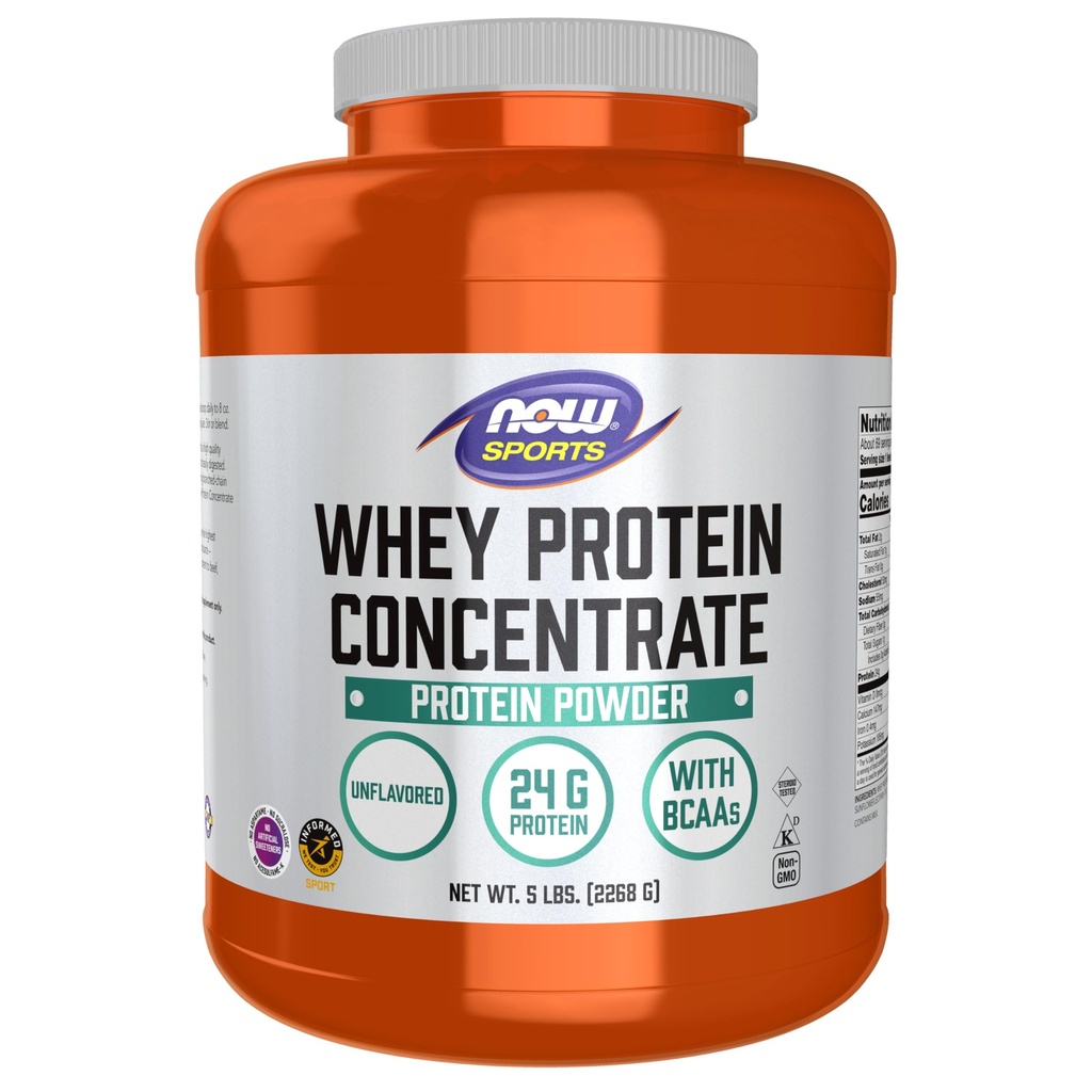 NOW Foods Sports Nutition, WHey Protein Concentract, 24 G With BCAAs, Unflashored powder, 5- Pound