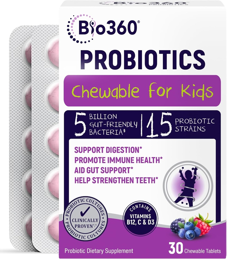 Bio360 Propoles for Kids - 15 Strains & 5 Milyar CFU Support Brain, Ammune & Digetical Health - Anak Probiotic Chewable dengan Prestilasi Organik untuk Gut & Constipation, Campuran Berry Flavor, 30 Count