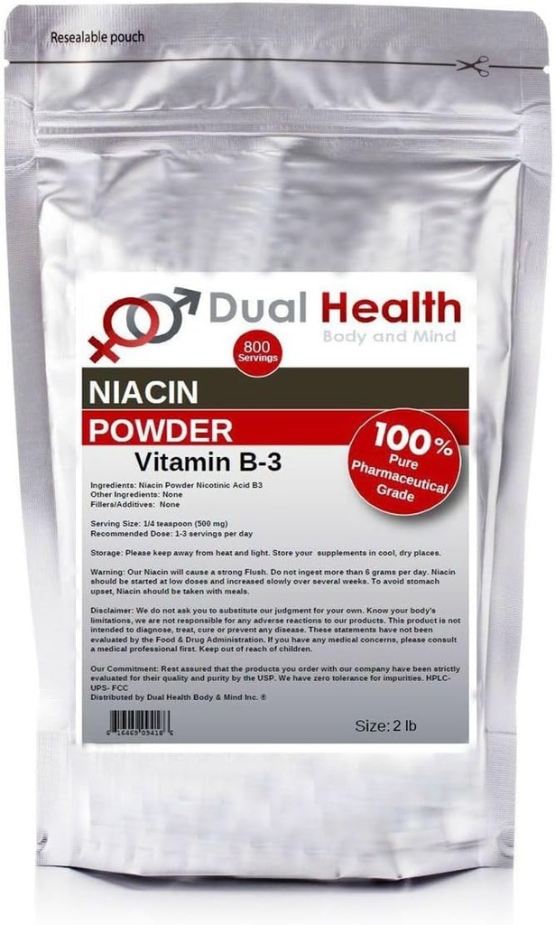 Niasin Powder (2 lbs) Vitamin B3 Bulk Supplemen Segera lepaskan Niacin dengan Flush Nicotcical Acid Non-GMO, Vegan, Gluten Free Company Absorpsi Cepat No GMO, Filler, Advants or Heavy Metals