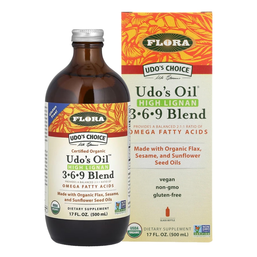 Flora - Udo 's Choice High- Lignan 369 Omega Oil Blend, Udo' s Oil Balanced 2: 1: 1 Rasio Omega Fatty Acids, Dibuat dengan Organic Flax, Sesame & Sunflower Benih Minyak, 17- oz. Botol Kaca