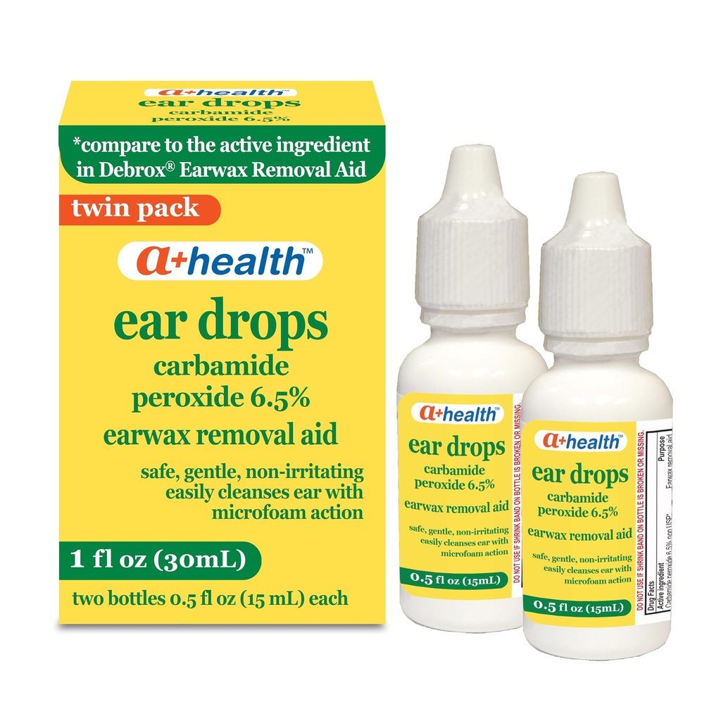 A + Health Earwax Removal Drops, Carbamide Peroksida 6.5%, Made in USA, Twin Pack, 1 fl Ounce (Two 0.5 fl oz bottles)