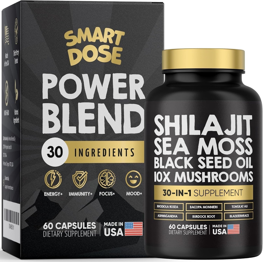 Power Blend Capsules - 30-1 Tambahan Bundle dengan Shilajit 6000mg, Laut Moss 4000mg, Minyak Benih Hitam 4000mg, Ashwagandha 2000mg, 10x Jamur, Tongkat Ali, Maca, Holistic Pistls Combo