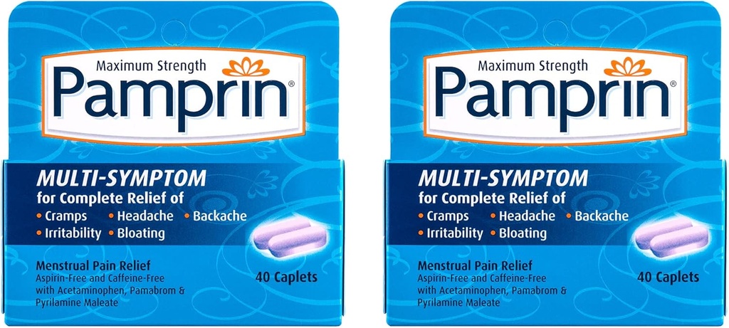 Pamprin Multi- Symptom Formula, dengan Acetaminophen, Relief Periode Menstrual termasuk Cramps, Pain, Irritability dan Bloating, 40 Caplets (Paket 2)
