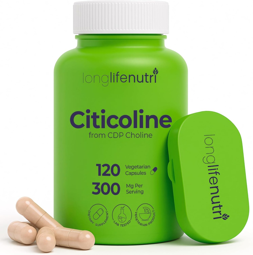 LongLifeNutri citicoline (CDP-Choline) 300 mg, 120 Vegetarian Capsules, 4 Bulan Supply, GMP Disertifikat, Dibuat di USA
