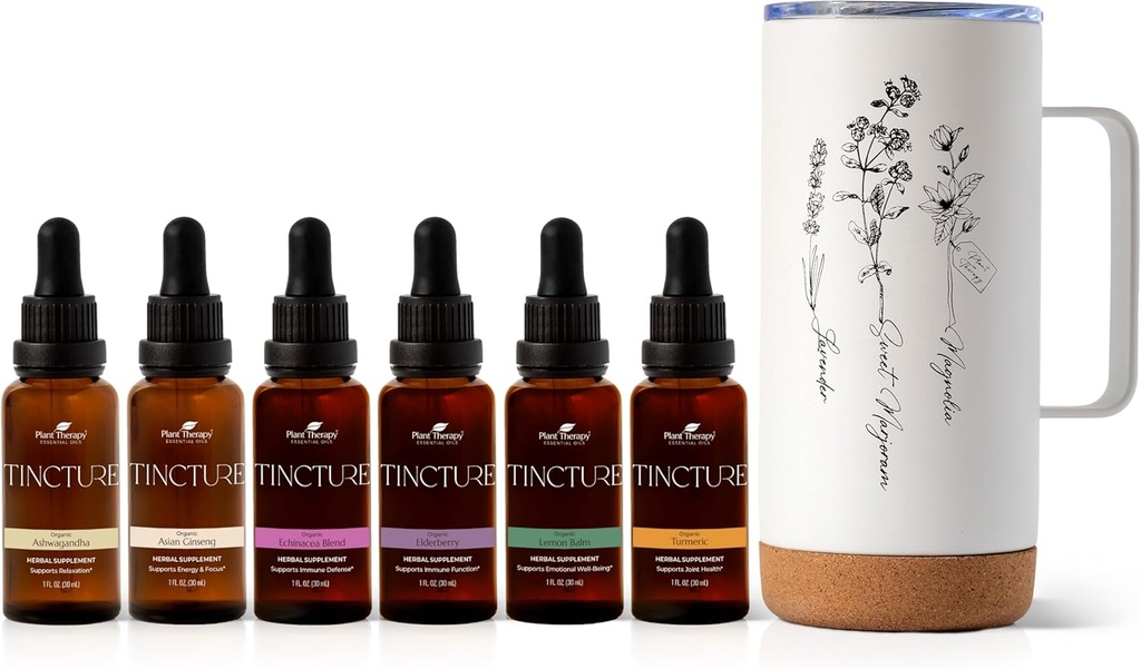 Terapi Tanaman Total Tapreture Paket Termasuk 30 mL Masing-masing Organik Ashwagandha, Asia Ginseng, Echinacea Blend, Elderberry, Lemon Balm, Turmeric & Travel Mug
