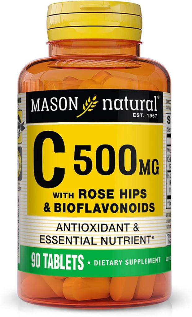 Maston Natural Vitamin C 500 mg, dengan Rose HIPS & Bioflavonoid, dukungan kekebalan & Antioksidant Formula, 90 Tablet