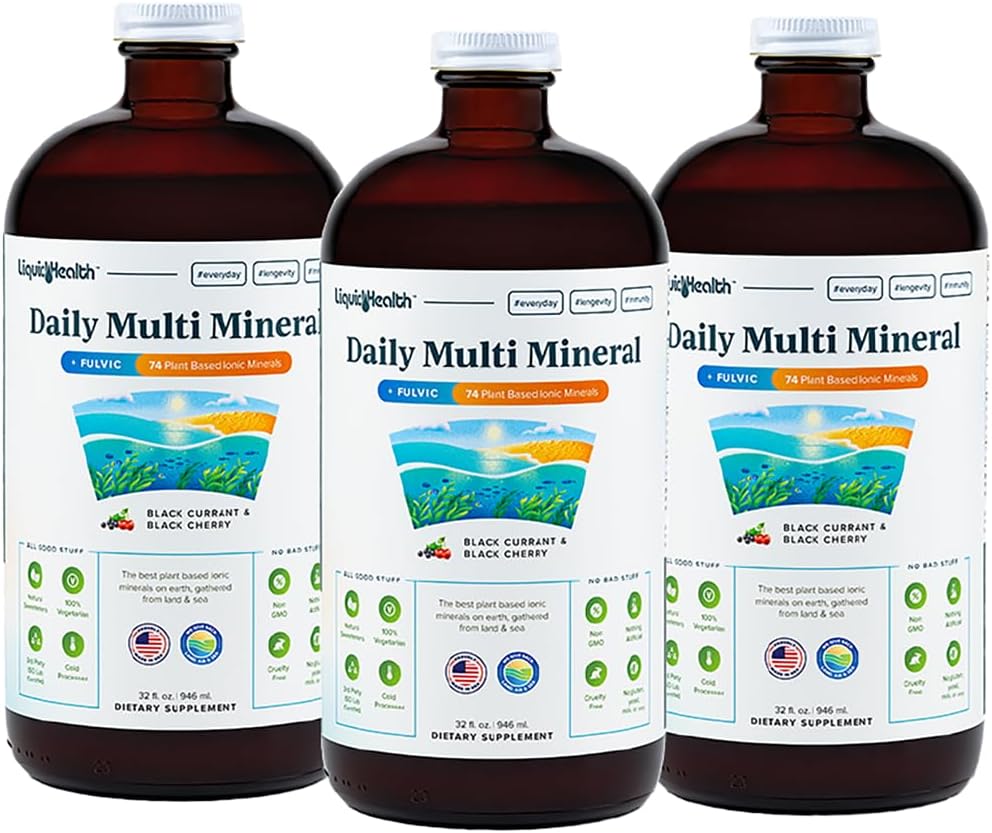 Suplemen Cairan Mineral LIQUIDHEADTH harian Multi Mineral dengan Acid Fulvic, Plant Based Ionic Aquamin Ocean Trace Mineiune - Dukungan kekebalan, Energi Kesehatan Gut, Detox - Dibuat di USA, Vegetarian (3 Pack)