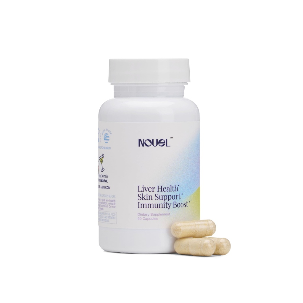 Nouel 124; Skin + Liver + Immunity Dukung Abhi 124; Pemulihan untuk Minuman 134; Milk Thistle, NAC, Acid Hyaluronic, CoQ10, Biotin, Antioksidants 126; 40 Capsules