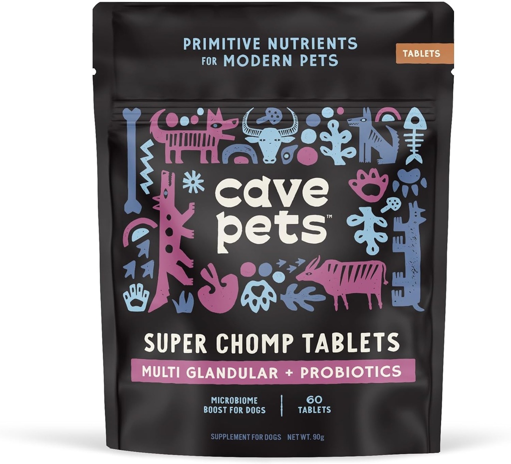 Cave Pets, Super Chomp Tablet, Dog Probiotic Suplement for Digetical Health, Multi- Glandular & Propoles, 60 tablet