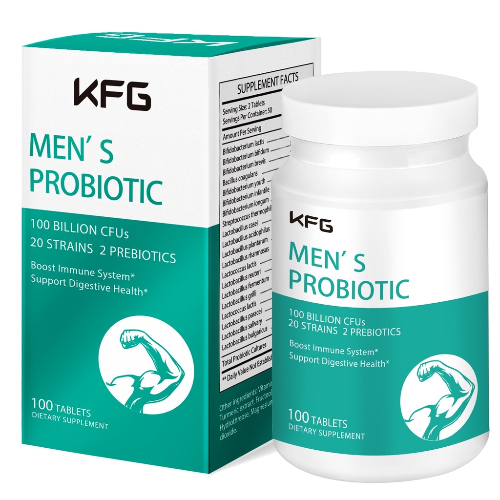 KFG Probiotic Supplemen 100 Milyar CFU, 20 Strain, 2 Preventical and Digetical Enzymes, Support Dibuble, Imune Dult Support, Gut Health and Metabolisme, Non-GMO, Gluten & Soy Free, 100 Tablet