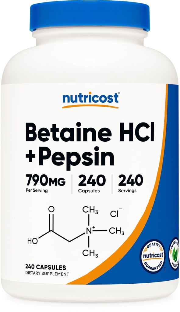 Betaine HCI + Pepsin 790mg, 240 Capsules - Vegetarian & GMO Bebas
