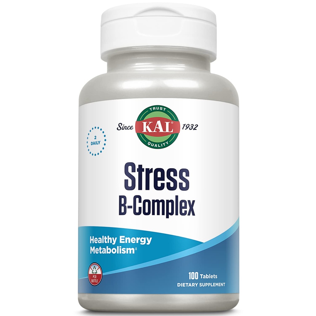Kompleks Vitamin B KAL Stress B Kompleks, Vitamin B Kompleks untuk Energi, Stres, Formasi Sel Darah Merah dan Dukungan Imune, dengan Vitamin B12, B6 dan Acid Folic, Jaminan 60 Hari, 50 Serv, 100 Tablet