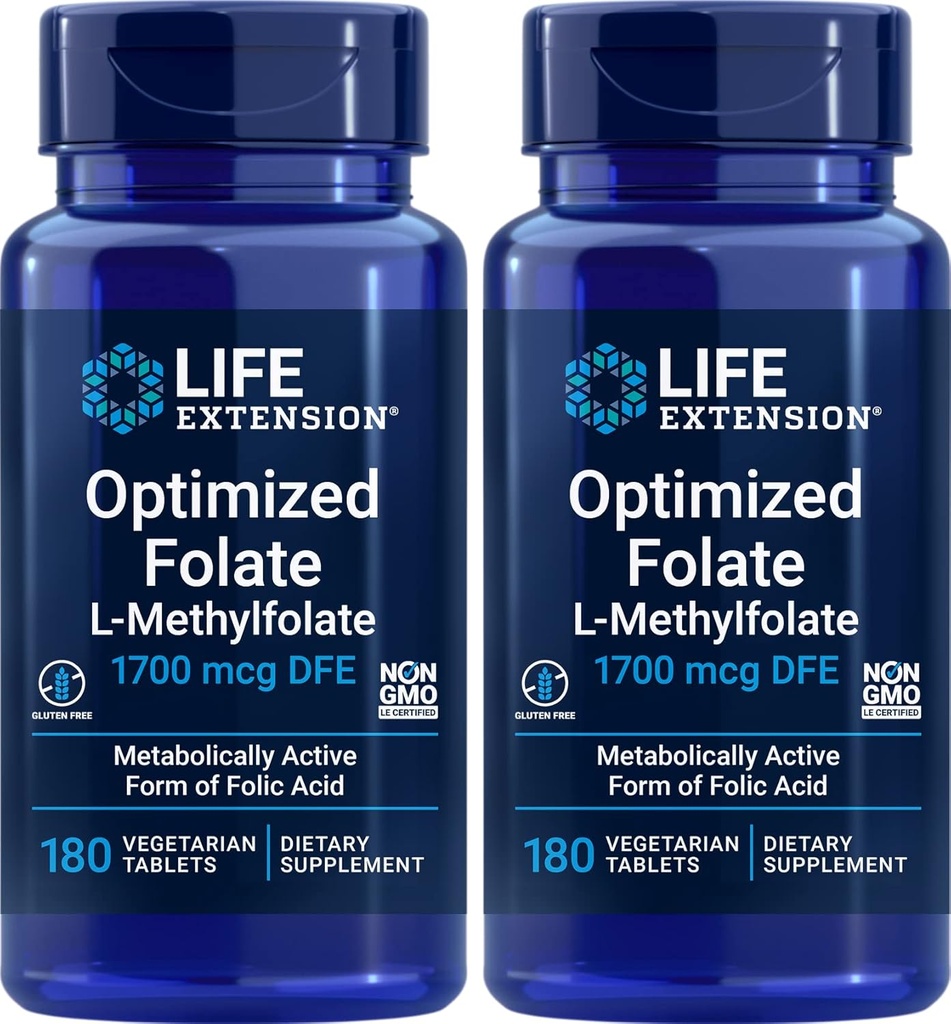 Ekstensi Hidup Teroptimasi Teroptimasi (L- Methylfolat) 1700 mcg DFE, 180 Veg Tablet (Paket 2)