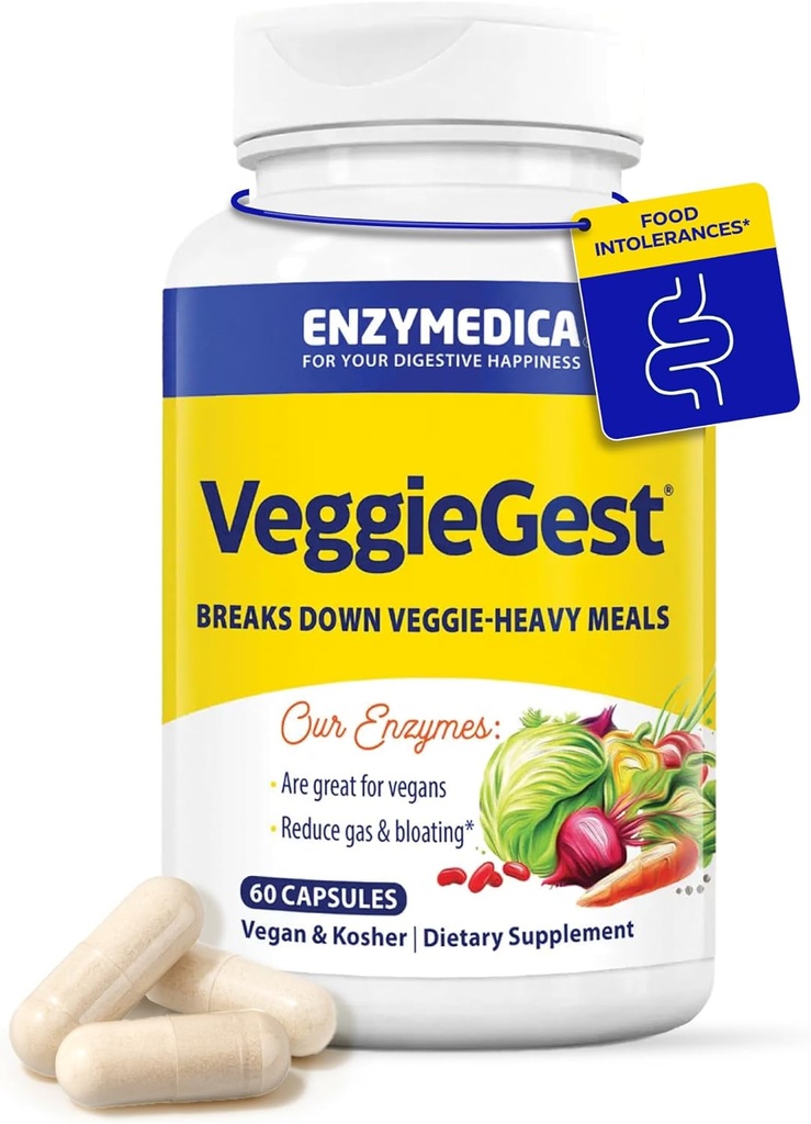 Enzymedica, VedgieGest, Digetical Enzymes, Support Occational Gas & Bloating Relief dari High Fiber Meals, untuk Vegan & Vegetarian Diets, Enzyme Blend for Digetical Health, 60 Count