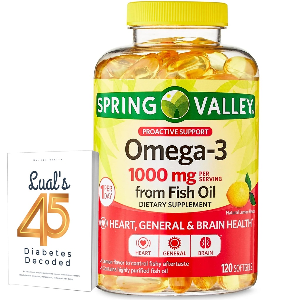Omega-3 dari Fish Oil Heart General & Brain Health Dietary Suffels, 1000 mg, 120 Count Bundle dengan 45 Diabetes Decoded