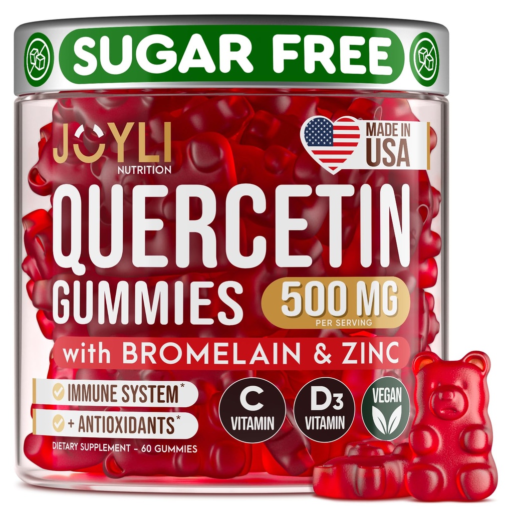 JOYLI Quercetin Gummies - Quercetin dengan Bromelain Zinc Vitamin C & Vitamin D3 - Quercetin Suplemen 500MG untuk Imune System & Allergy - Quercetin untuk Anak dan Dewasa - 60 Quercetin Chewable