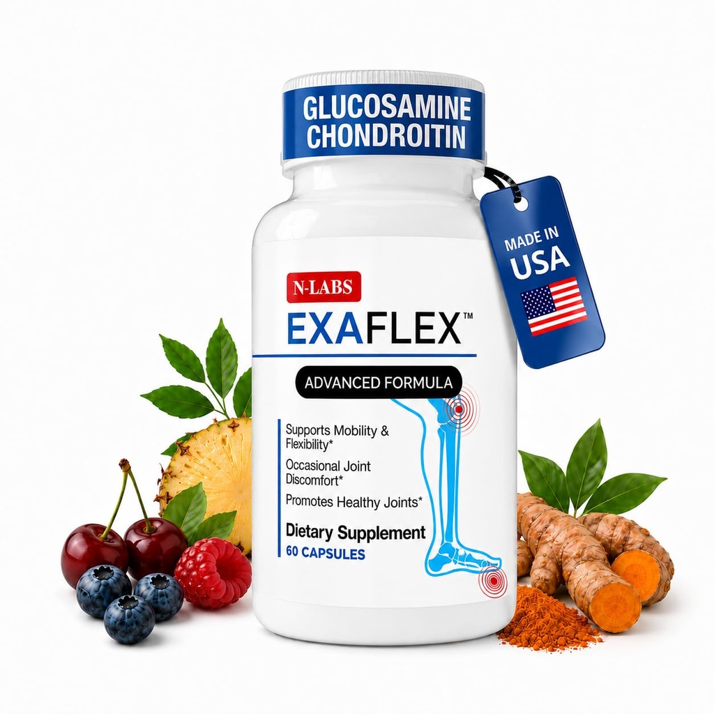 N-Lab ExaFlex Glucosamin Chondroitin MSM, Bromelain Kapsul - Suplemen Gabungan untuk Pria dan Wanita dengan Ekstrak Boswellia, Turmeric dan Quercetin - Pendukung Kesehatan Gabungan - dibuat di Amerika Serikat - 60 Kapsul