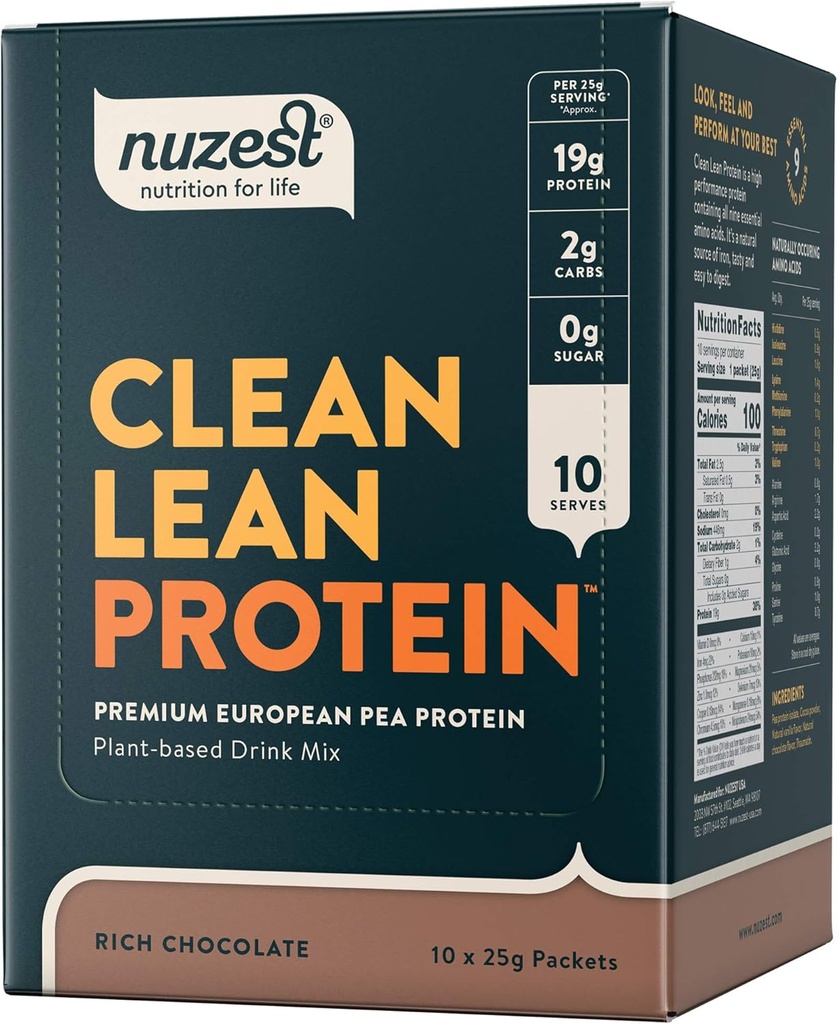 Nuzest - Pea Protein Powder - Clean Lean Protein, Premium Vegan Plant Based Protein Powder, Dairy Free, Gluten Free, GMO Free, Protein Shake, Rich Chocolate, 0.9 oz, (Paket 10)
